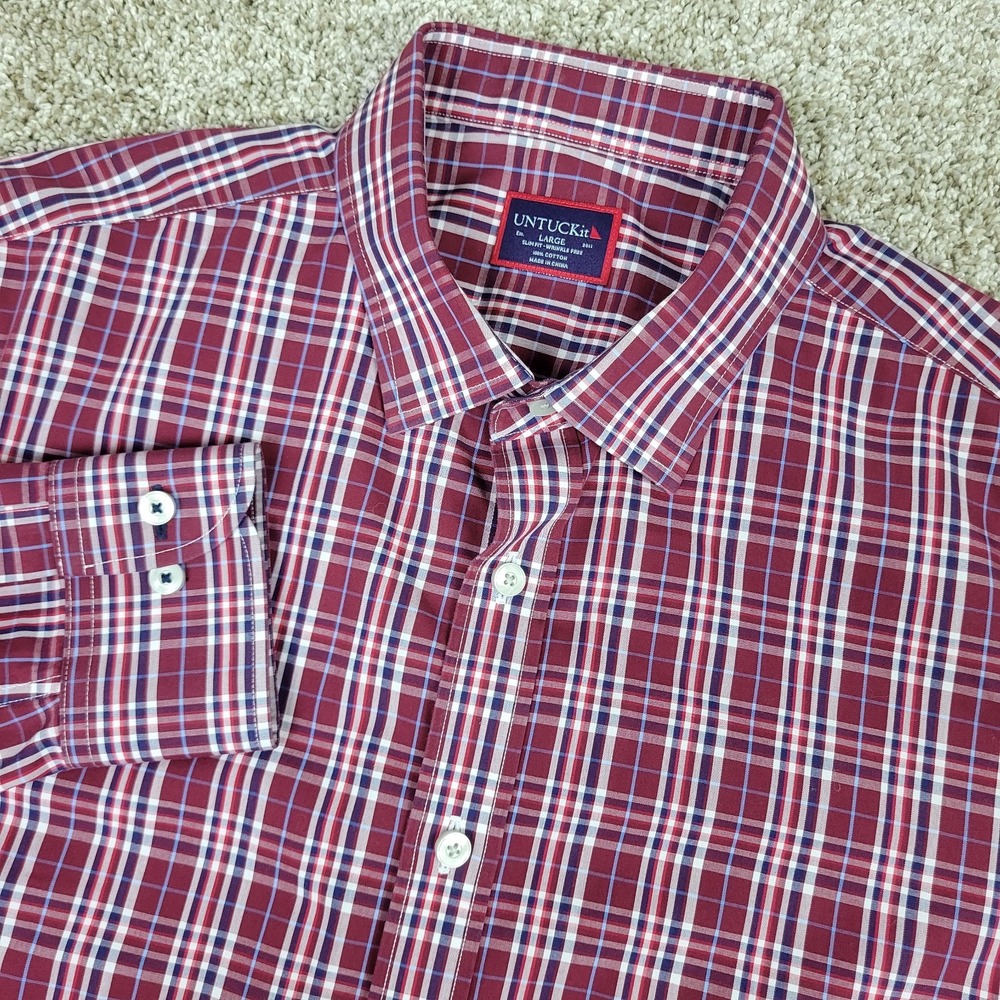 Untuckit Slim Fit Wrinkle Free Mens Large Red Plaid Button Up Long Sleeve
